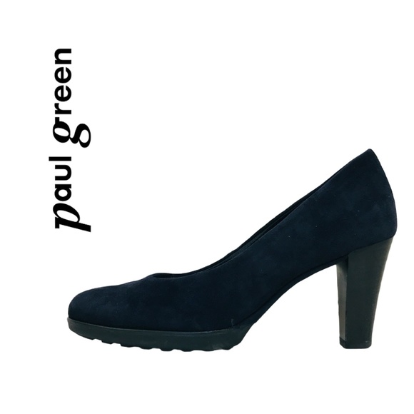 Paul Green Shoes - PAUL GREEN {6} Navy Blue Suede Pump Round Toe Black Wood Block Heel Rubber Sole